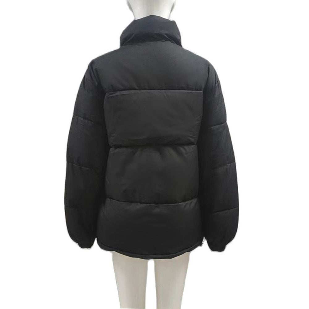 Black windproof down jacket with thickened polyester fiber, stylish and solid color design